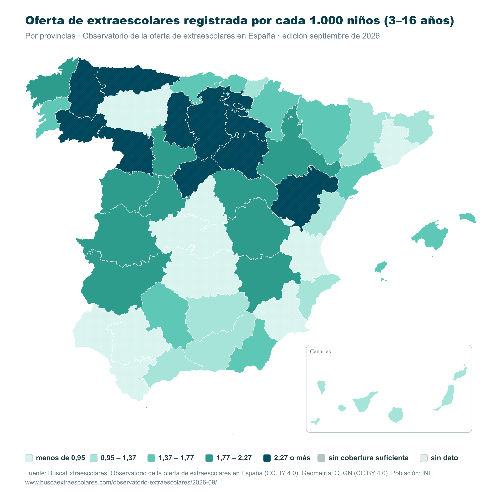 Mapa de España por provincias: academias registradas por cada 1.000 niños de 3 a 16 años, edición de septiembre de 2026 del Observatorio