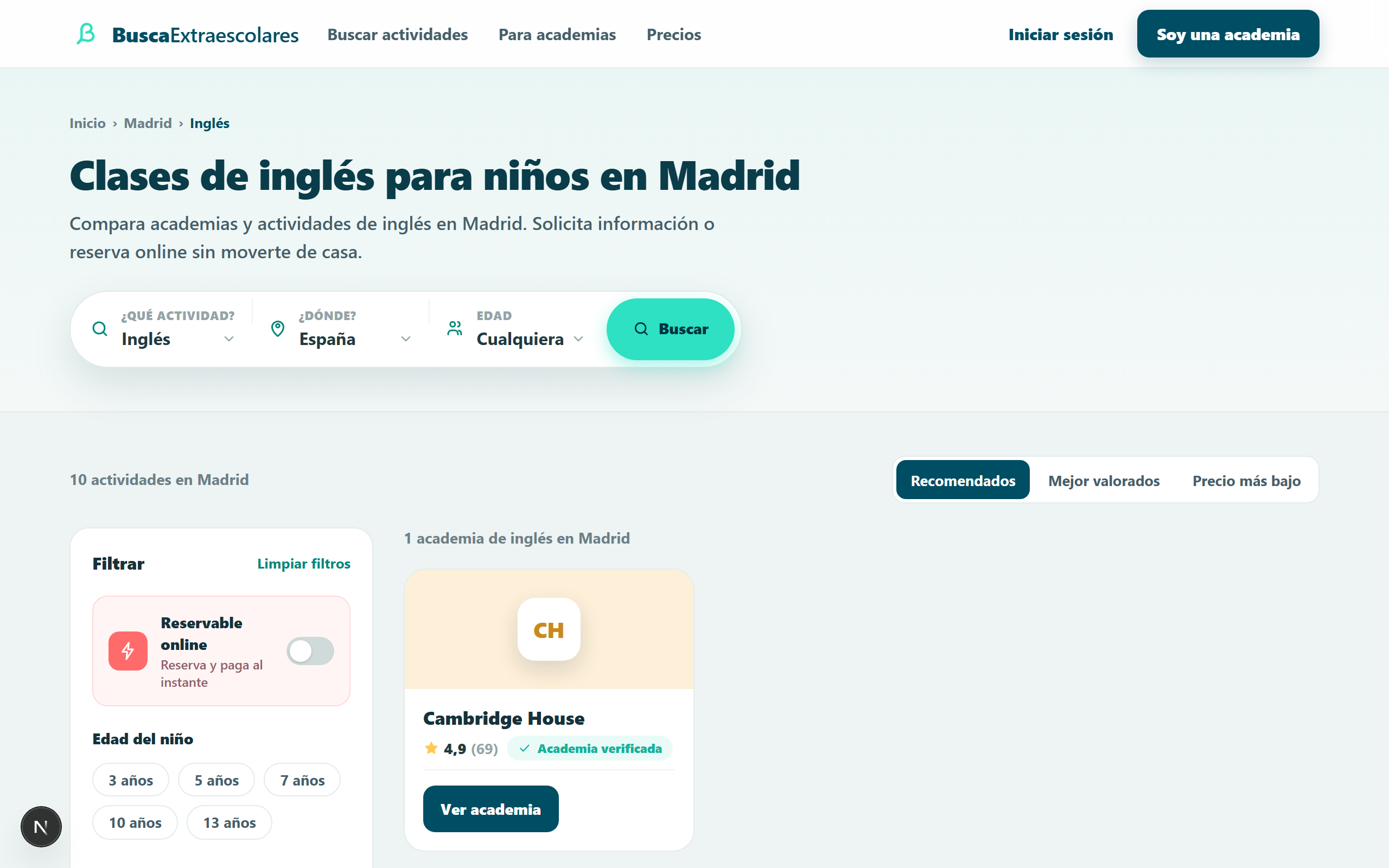 Búsqueda de academias de inglés en Madrid: fichas con nombre, valoración y contacto